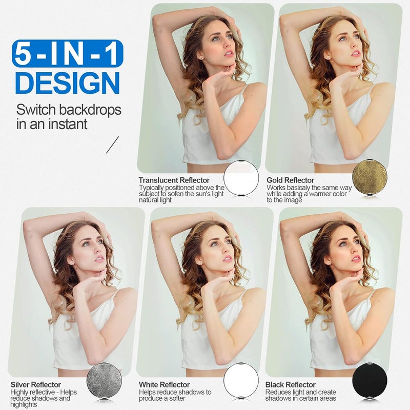 Wellmaking 43Inch/110cm Photography Light Reflector, Portable Foldable 5 in 1 Diffuser Reflectors with Bag & tilt Adapter for Studio & Outdoor Lighting-Translucent, Silver, Gold, White and Black - Image 3